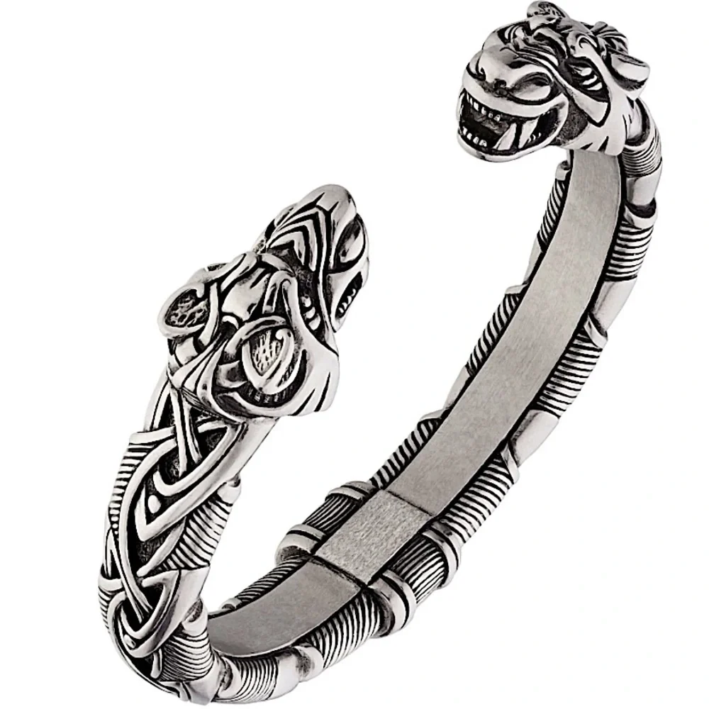 Silver Wolf Head Viking Norse Knotwork Cuff Bangle Bracelet